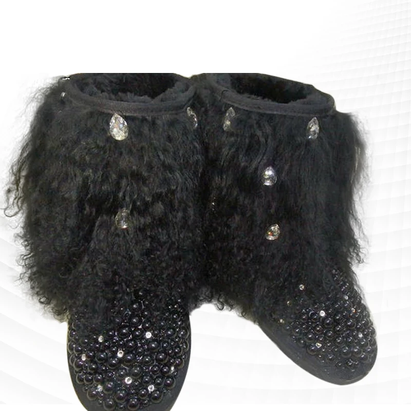 Fashion fashion design sense of irregular rhinestone pearl rabbit hair with a small number of warm snow boots thick non-slip cot