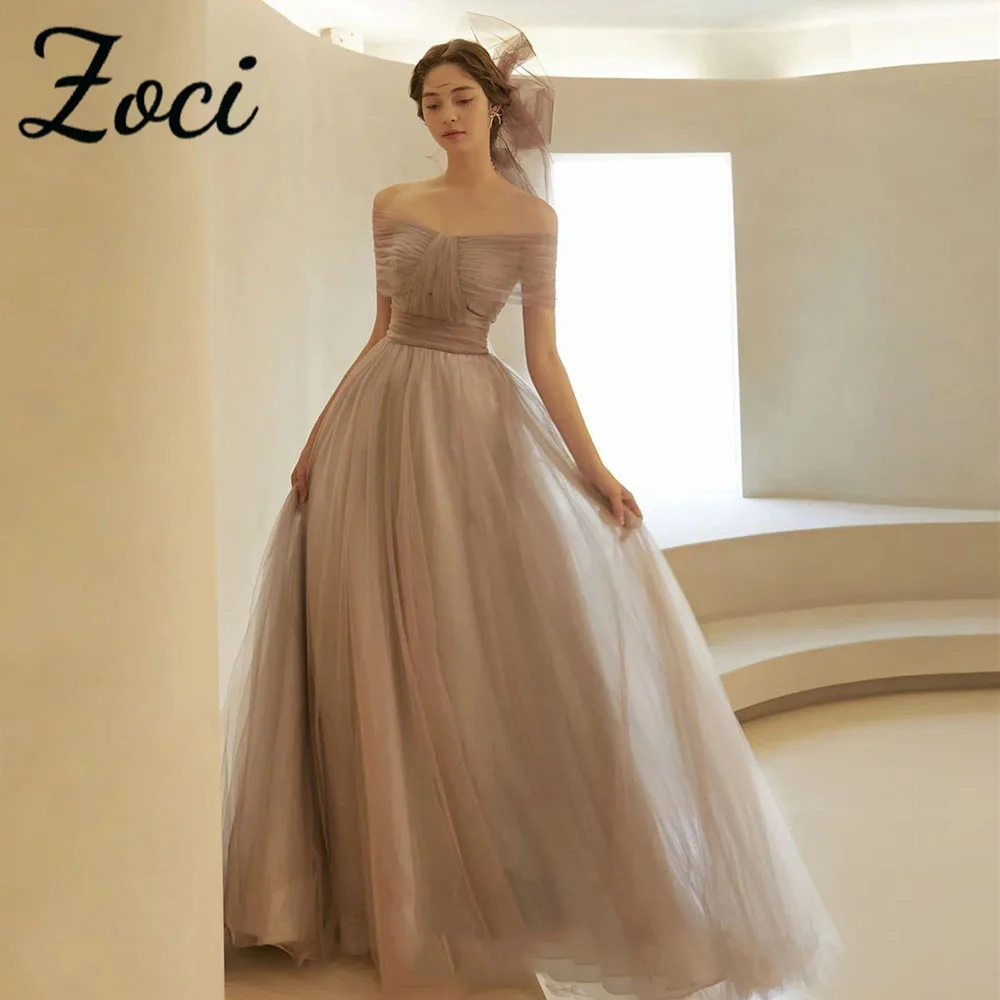 

Zoci Elegant Off Shoulder Korea Wedding Dresses Customized A Line Corset Bride Dress Photos Shoot Lace Up Vocal Performance Gown