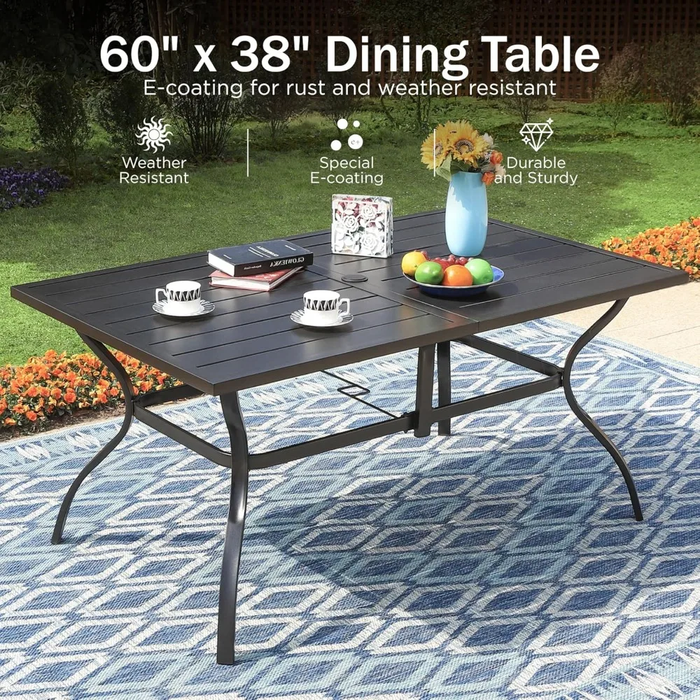 tavolo da pranzo rettangolare da esterno, grande 60" per 6-8 persone con foro per ombrellone, classico nero