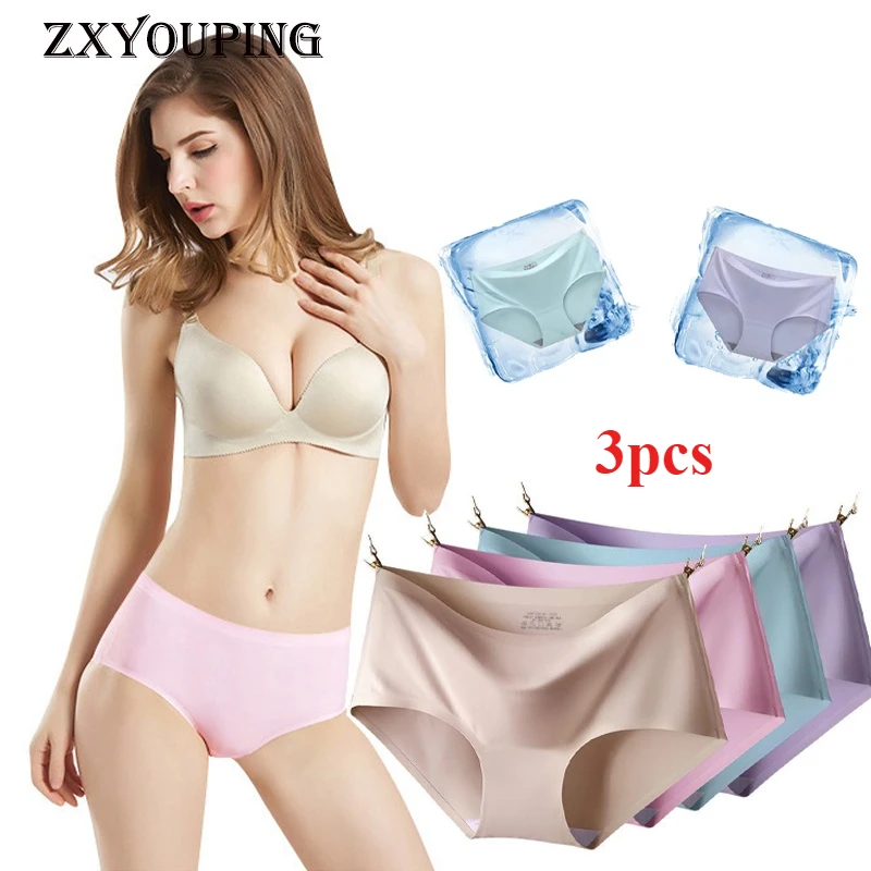 

3Pcs Sexy Women's Panties Ice Silk Seamless Girl Plain Underwear Breathable Comfort Briefs Large Size Underpants Women Lingerie