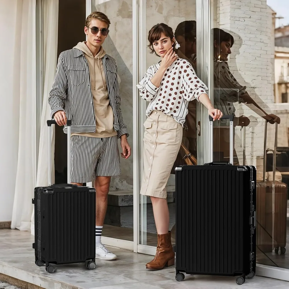 Aluminum Frame Carry-On and Checked Luggage Set - PC ABS Hard Shell TSA Lock No Zipper, Black, 20/28 Inch Travel Suitcases