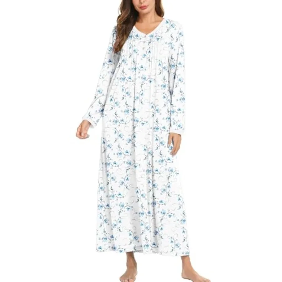 

Ekouaer Cotton Nightgowns for Women Long Sleeve Nightgown Full Length Night Gown Soft Comfy Nightdress Button Sleep Shirts