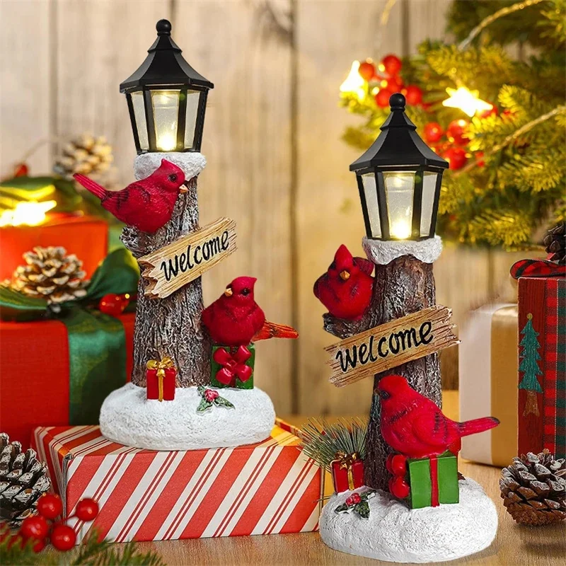 

Resin Red Cardinal Bird Lamps Post with Welcome Sign LED Light Christmas Table Ornament Winter Holiday Home Decor Piece