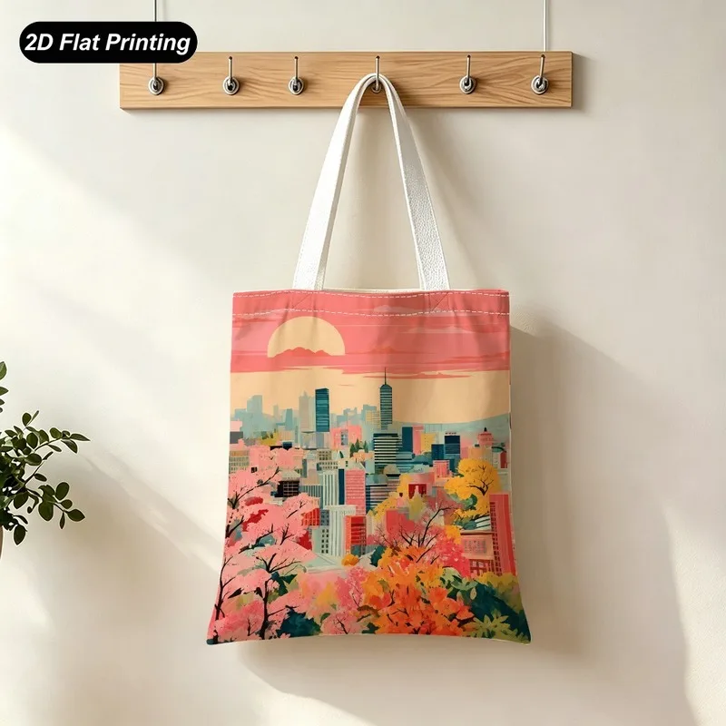 1PC【Tote Bag】2D Flat Effect，Pink And Orange Urban Sunset Floral Tree Print Tote Bag，Large Capacity And Reusable，Adapted Shop