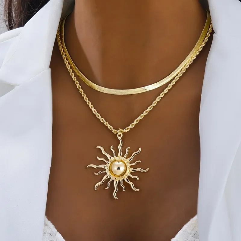 Exaggerated Gold Color Big Sun Pendant Necklace for Women Vintage Metal Double Layer Snake Bone Chain Necklace Jewelry Gift