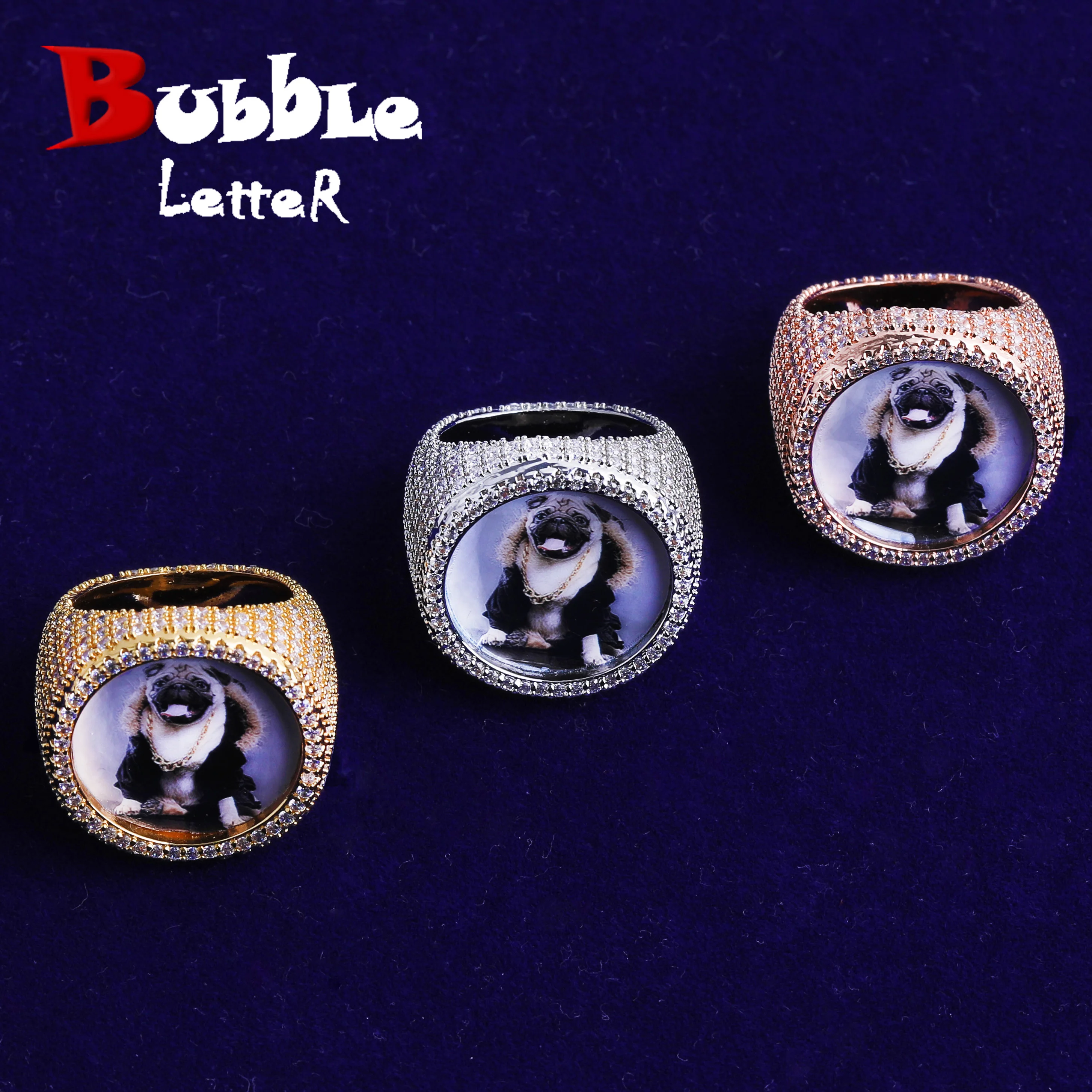 

Круглое кольцо с пузырьковой буквой Iced Out на заказ для мужчин, персонализированное изображение с кубическим цирконием, ювелирные изделия в стиле хип-хоп