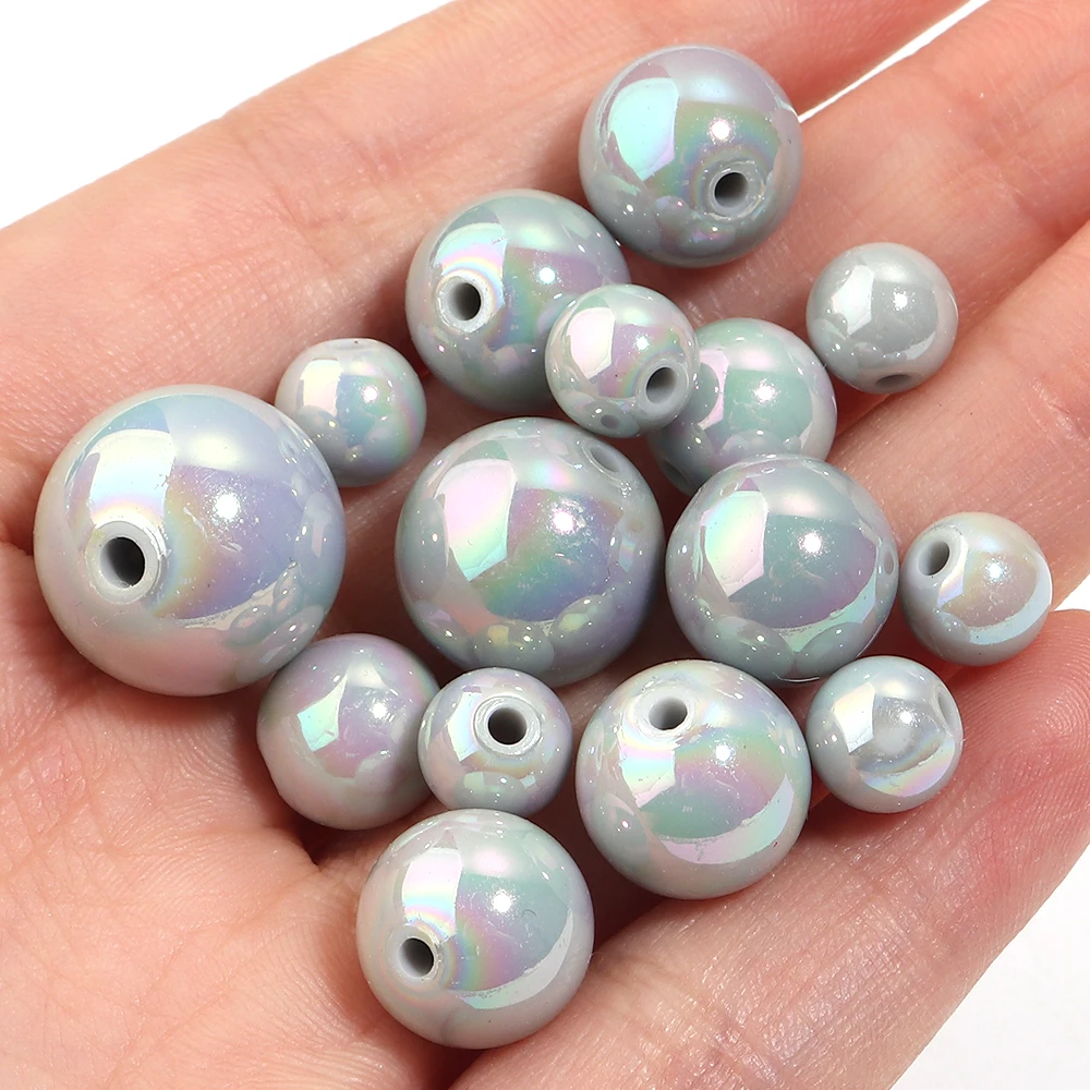 20-100pcs High Gloss UV Coated Gray Round Acrylic Beads AB Color Loose Spacer Bead for DIY Necklace Bracelet Jewelry Making ﻿