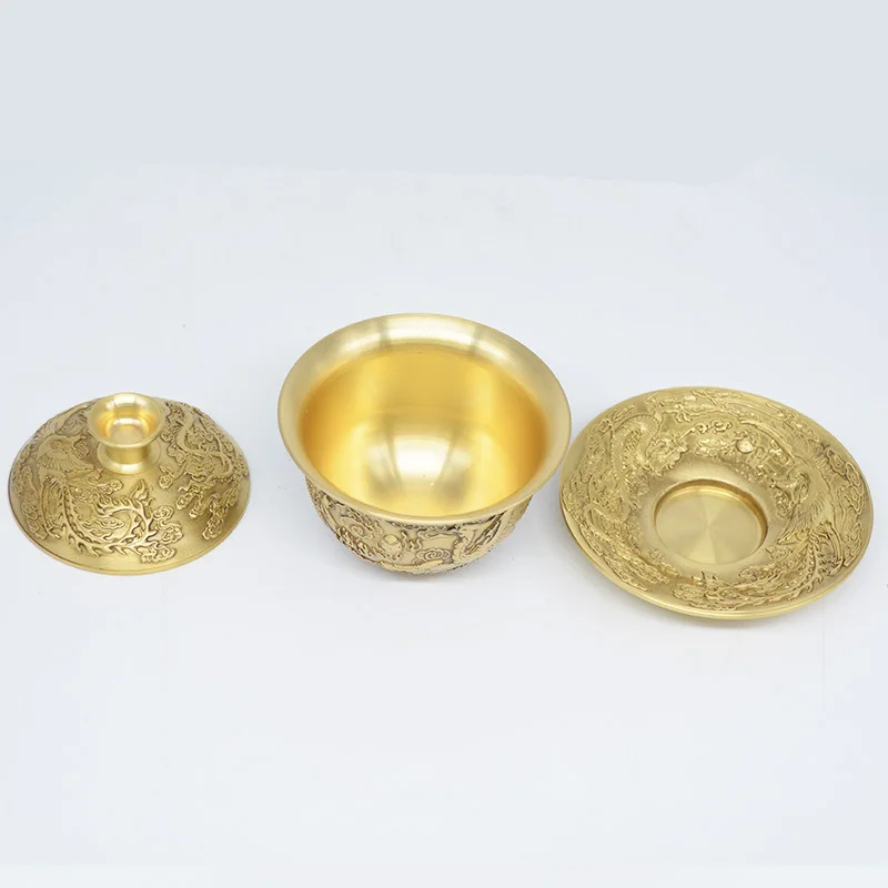 Brass Teacup Three-piece Set Dragon Phoenix Auspicious Teacup Copper Tea Bowl Blessings Cup Home Decoration Gift For Friends