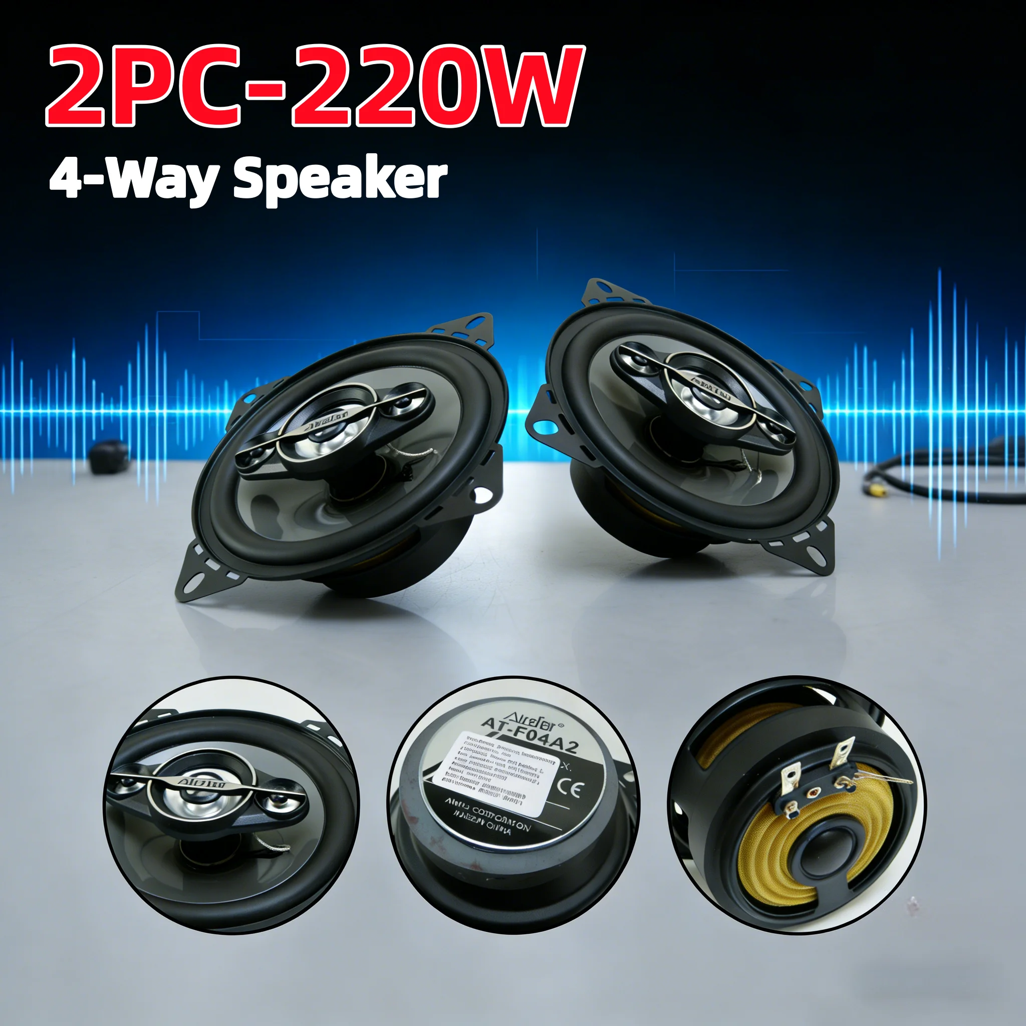 2 Pcs 4-Inch Car Audio Coaxial Speakers 220W Peak Power 4-Way Full Range Stereo Sound System with Mesh Cover Auto Door Upgrade