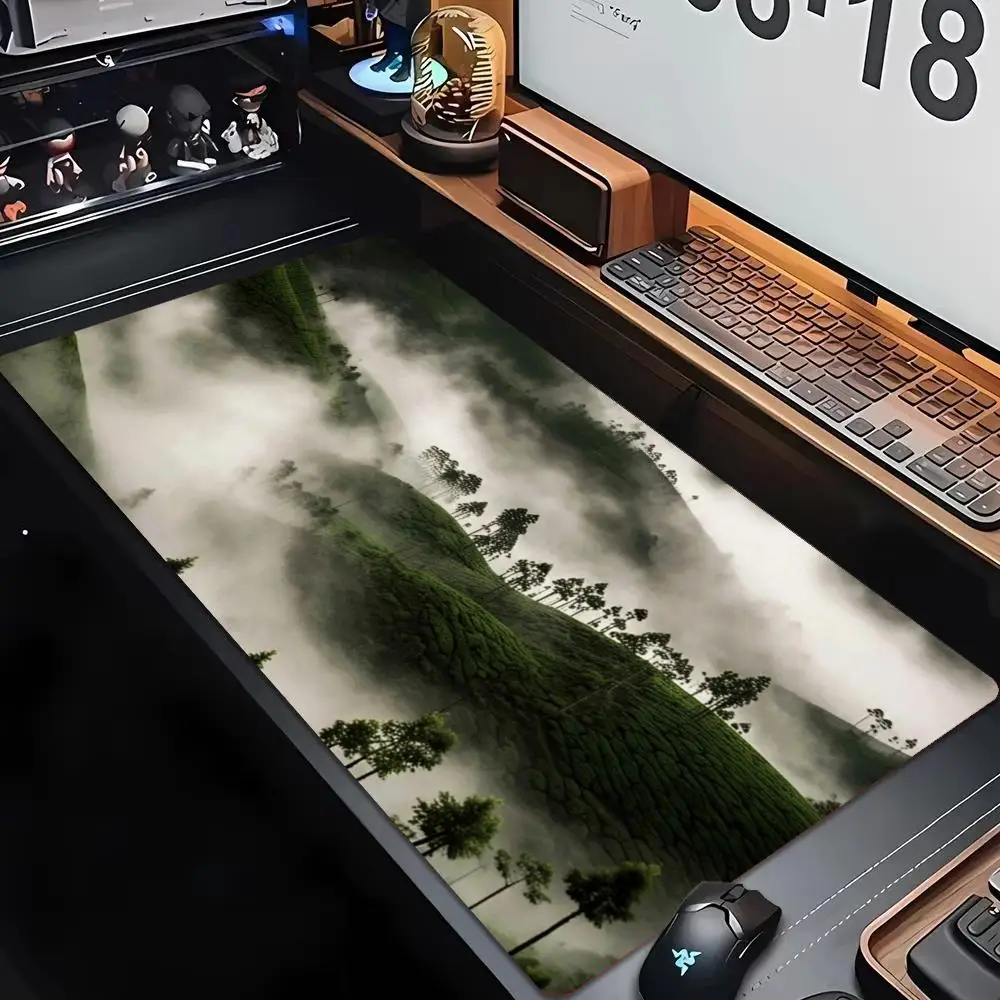 XXL Mousepad Oriental Mist Hills Ink Scenery Desk Mat Non-Slip Rubber Keyboard Mat Forest Cherry Pagoda Gaming Desktop Mats
