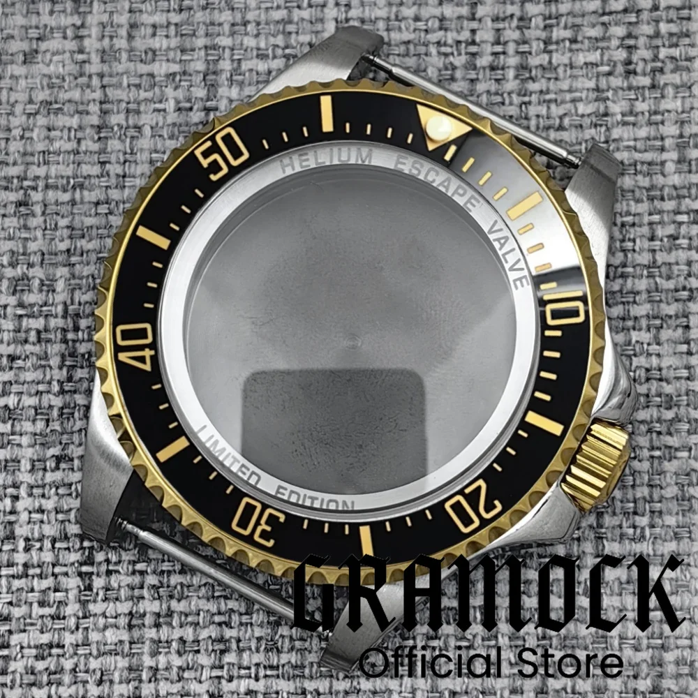 

GRAMOCK 44 мм NH34 NH35 NH36 NH38 NH39 Movt Серебро Золото DEEP SEA Сапфировое стекло Корпус мужских часов Черный керамический безель Золотой указатель
