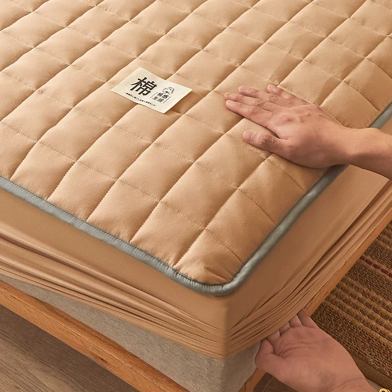 2024 New 100% Cotton Thickened Quilted Mattress Cover Solid Color Queen King Size Fitted Bed Sheet Anti-Bacteria Mattress Pad