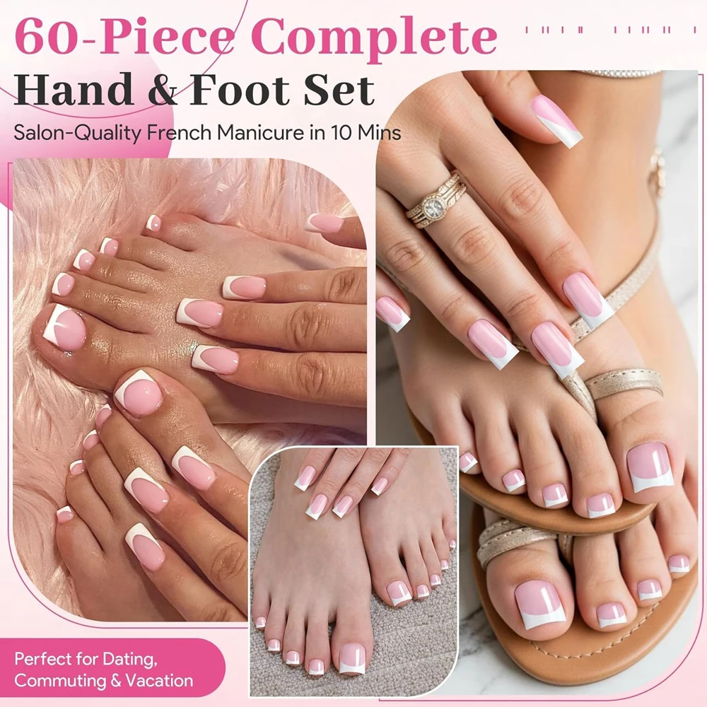 48Pcs Nude Pink French Tips Fake Fingernail&Toenails Set Short Square Feet Hand Fake Nails White Edge Summer False Manicure Tip
