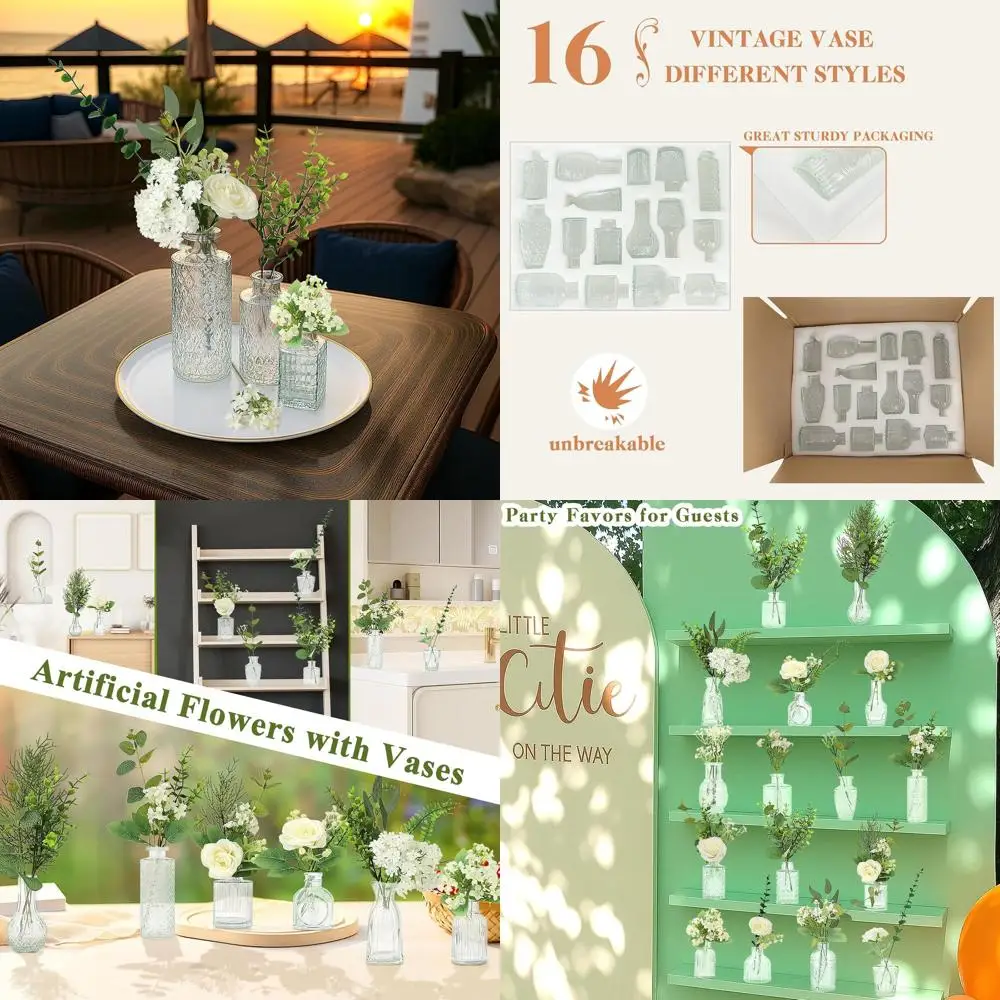 

16-Piece Bud Vases & 81-Piece Artificial Plants DIY Set for Centerpieces, Weddings, Parties, and Home Decor in Clear Glass Mini