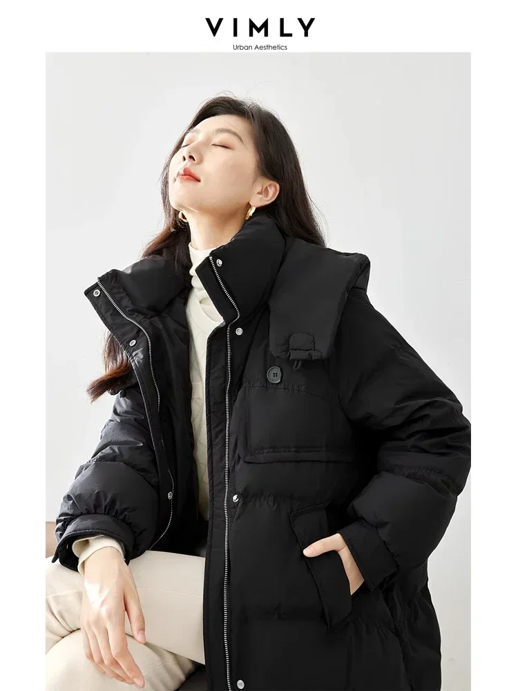 Vimly Black Long Down Jackets for Women 2023 Hooded Zipper Stand Collar Windproof Warm Women\'s Winter Coat Female Clothes 50612