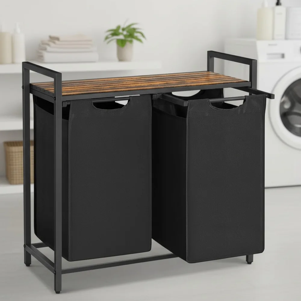 

Корзина-сортировщик для белья с 2 пакетами и полкой, съемные моющиеся сумки, металлический каркас для организации дома