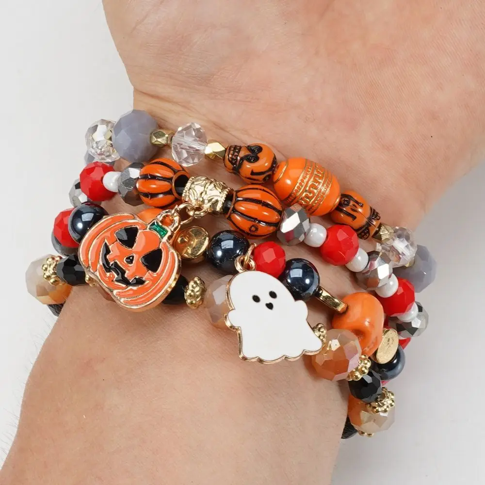 4pcs Halloween Bracelet Pumpkin Ghost Bat Bracelet Colorful Bead Hand Accessory Trick Or Treat Happy Halloween Favors Kid Girl
