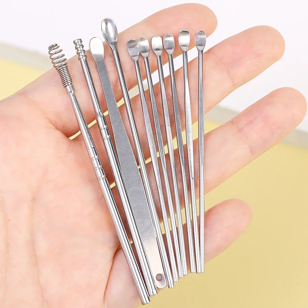 10pcs/set Ear Cleaner Wax Pickers Baby Adults Personal Stainless Steel Earpick Cleaning Remover Curette Spoon Tools Kit Gadget