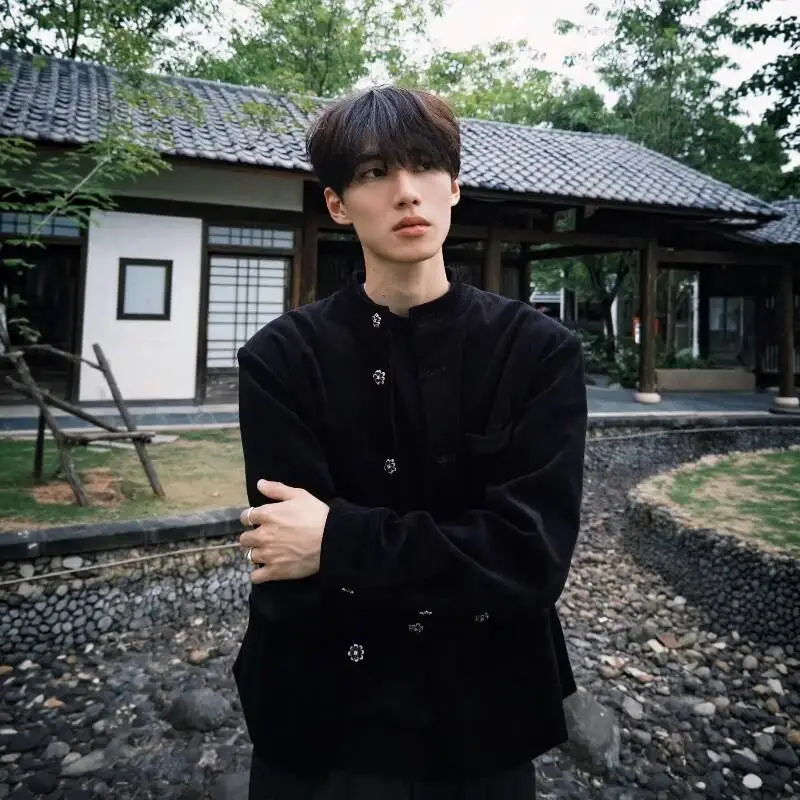 

Элегантный черный высококачественный вельветовый пиджак с воротником-стойкой, мужской повседневный китайский костюм в стиле Чжуншань, теплый, для мужчин