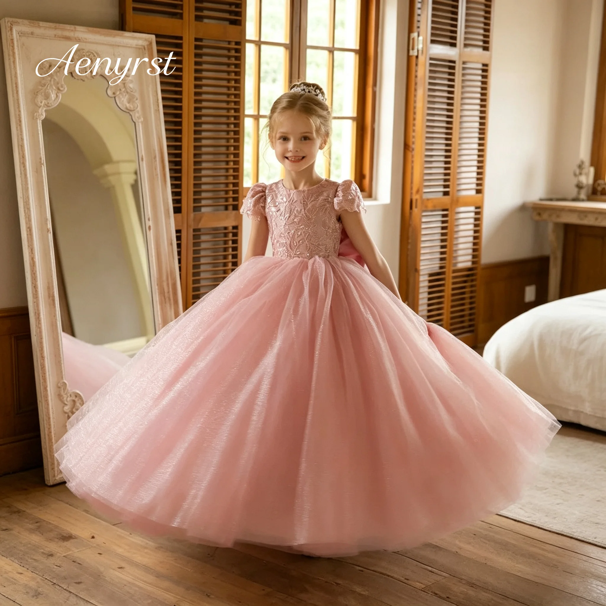 Girls Dusty Pink Puff Sleeve Glitter Tulle Long Flower Girl Dress Kids Wedding Pageant Princess Dress