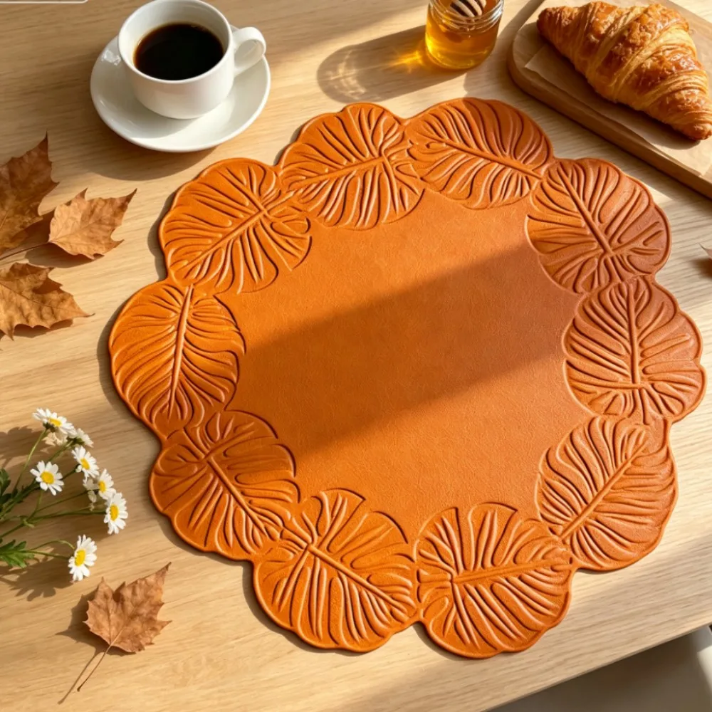 Orange Flower Shaped PU Faux Leather Table Mats Round Placemats Set for Dining Tables - Gift Idea -Set of 1/4/10 Thanksging Gif