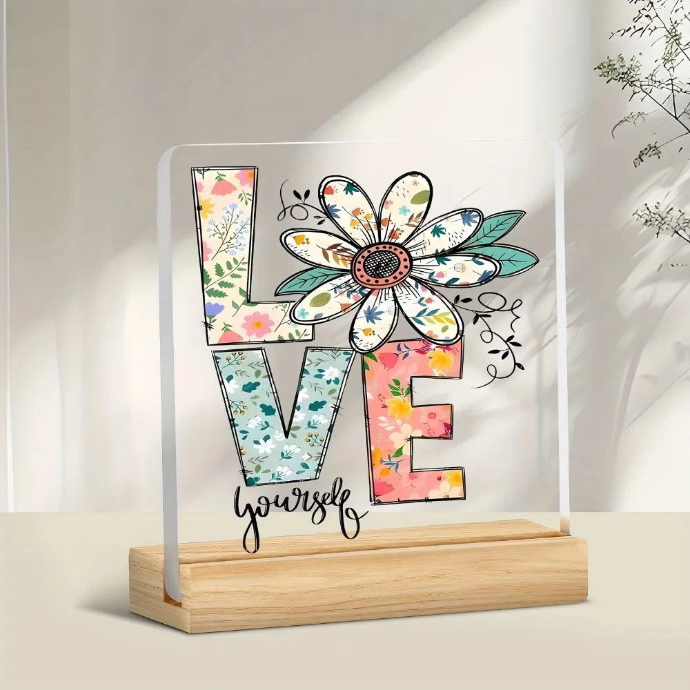 2D, Love Yourself Creative Acrylic Desktop Decoration - Romantic Flower Design, Unique New Year Gift for Girlfriend or Mom