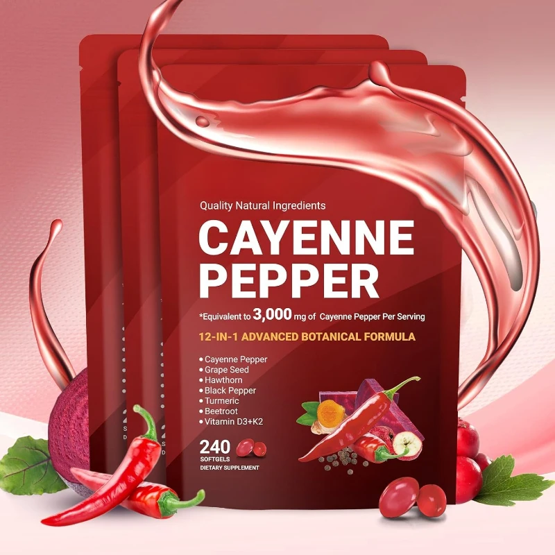 Cápsulas de Pimienta Cayena con Semilla de Uva, Remolacha, Cúrcuma, Vitaminas D3, K2 y E, Suplementos Herbales que Promueven una Digestión Saludable, 240 Unidades