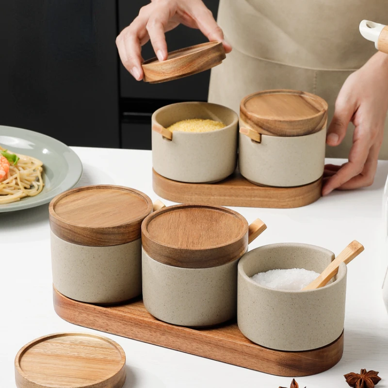 

Ceramic Seasoning Jar Set Household Kitchen Sugar and Salt with Lid Large-capacity Food Storage Box Container