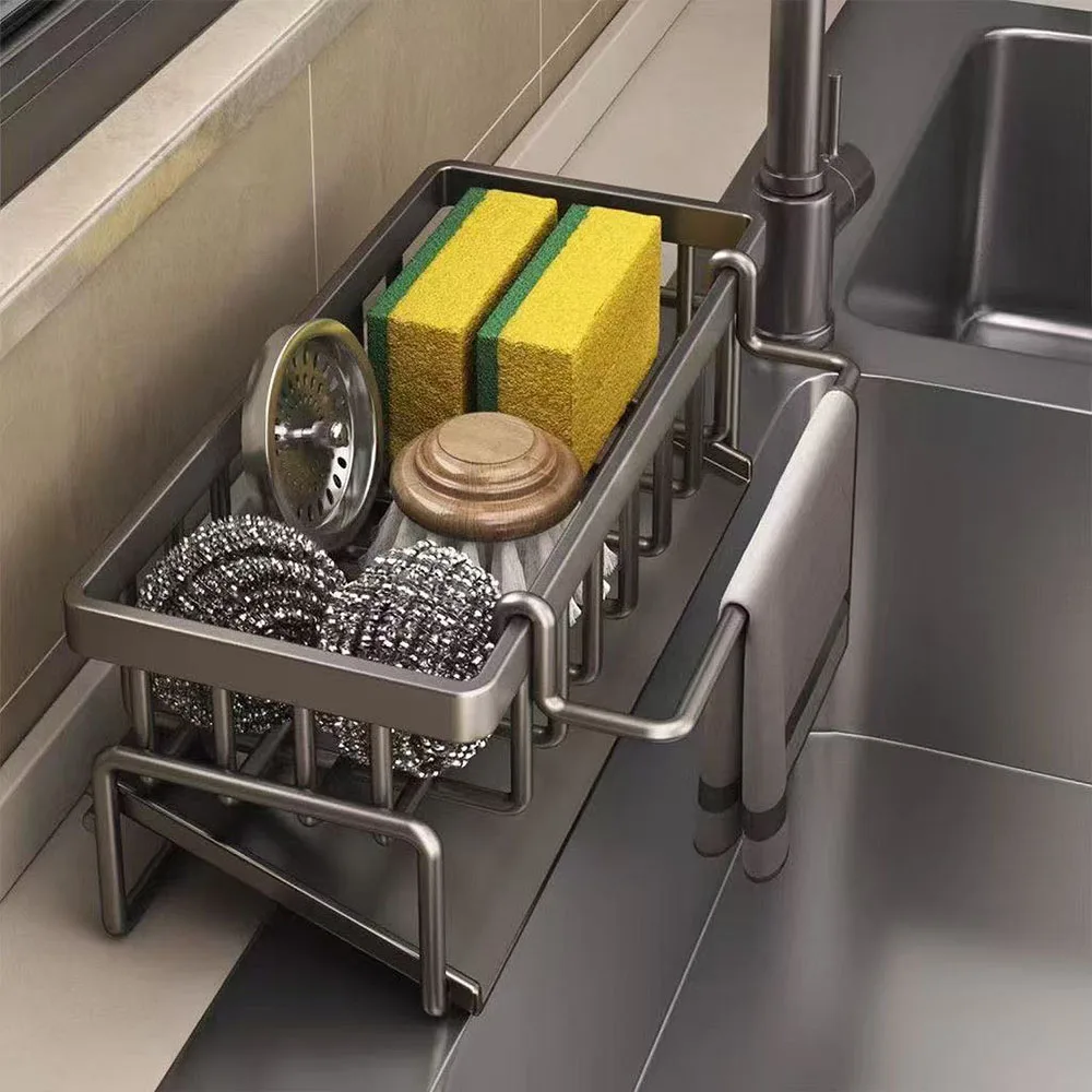 

Kitchen Countertop Sponge Holder Carbon Steel Sink Drain Rack Soap Drainer Towel Rack Shelf Organizer Bathroom Storage Frame 1pc