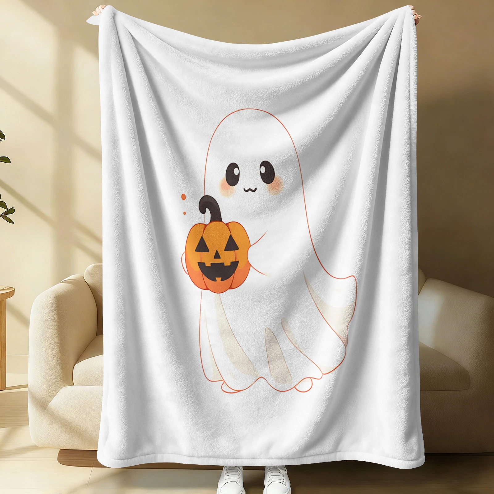 Cute Ghost Holding Pumpkin Flannel Blanket Minimal White Background Halloween Throw Blanket Kawaii Fall Sofa Decor