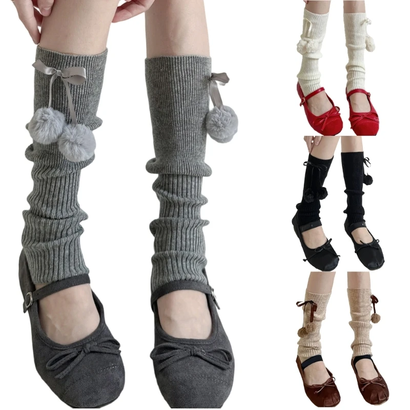 

E15F Womens Lovely Long Leg Socks Leg Warmer Winter Warm Long Boot Cuffs Cover Plush Ball Knitted Leg Cover Streetwea