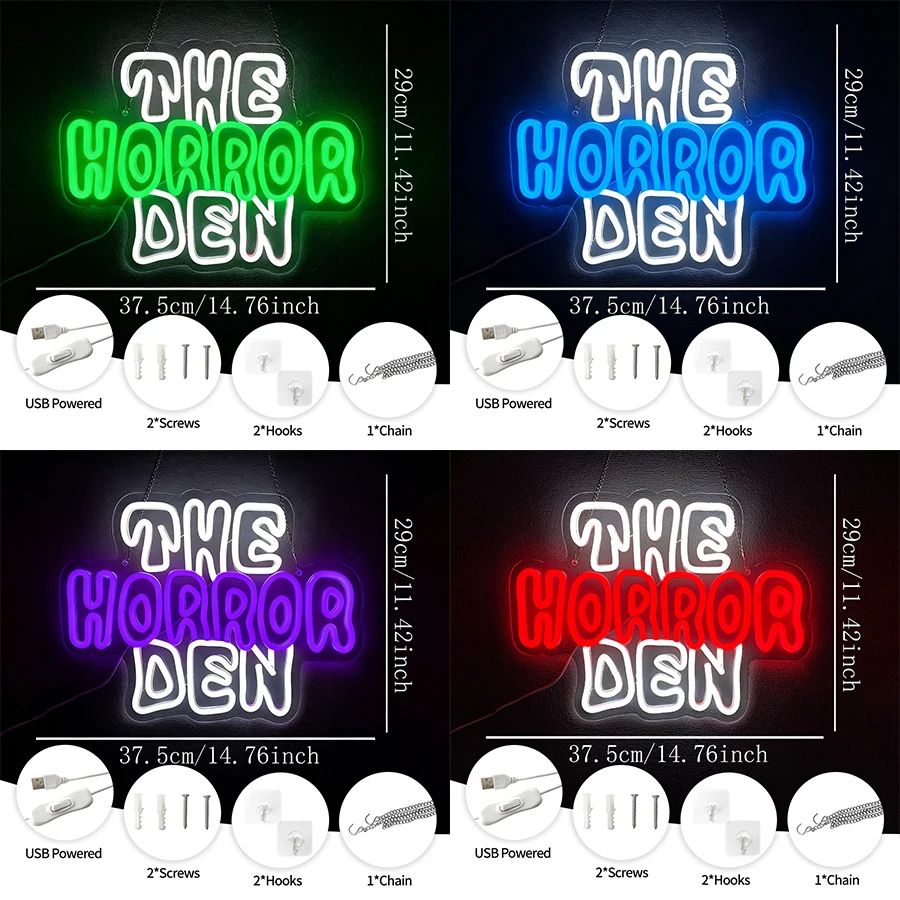 The Horror Den Led Neon Sign, Halloween Party Gift Night Wall Art Decor, Bedroom Bar Haunted House Club Game Room Wall Lamp.