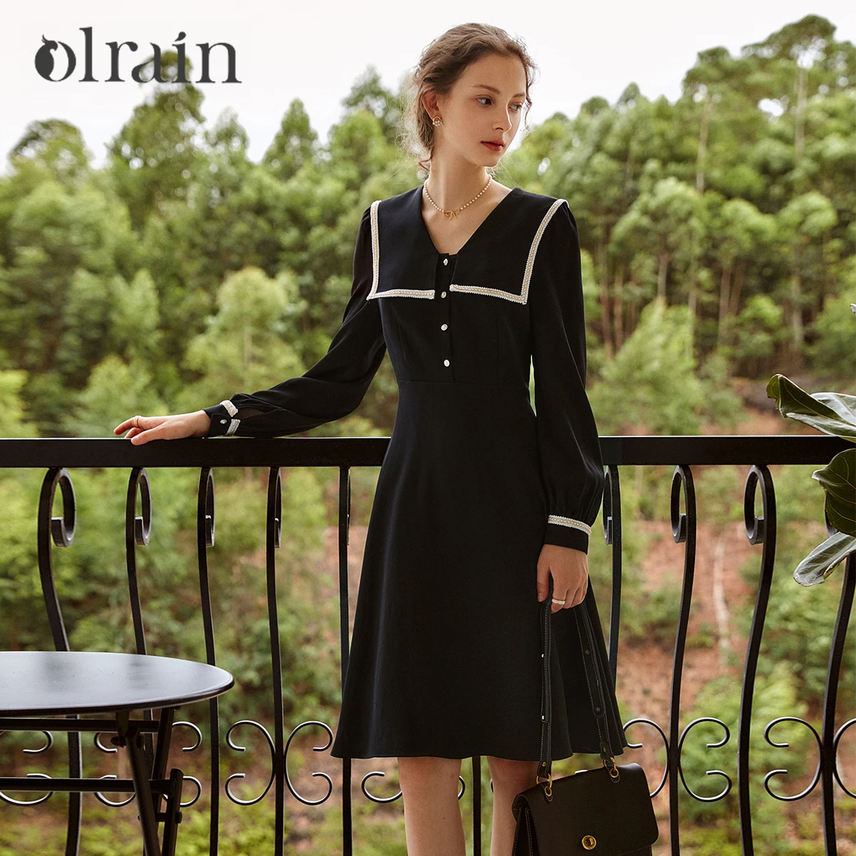 

OLrain Sailor Collar Womens Dresses 2025 Spring Summer Black A-line Spliced Chic Puff Sleeve Knee-length Lady Dress O21QL53893
