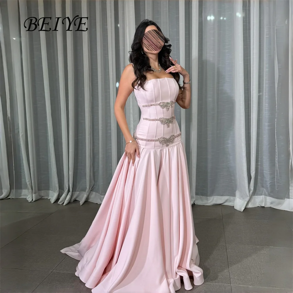 

BEIYE, современные розовые вечерние платья трапециевидной формы с бисером, 2026, без бретелек, без рукавов, со складками, платье для выпускного вечера, вечернее платье по индивидуальному заказу