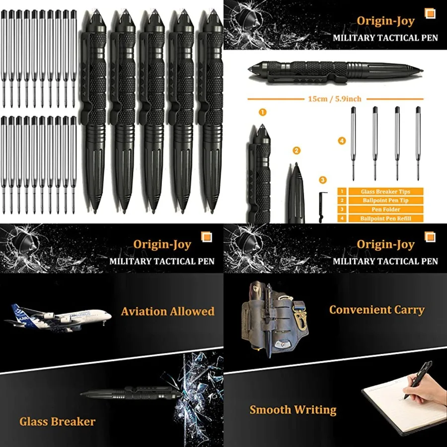 Origin-Joy – ensemble de 5 stylos tactiques militaires en acier au tungstène, stylo d'auto-défense EDC multifonctionnel avec 20 recharges de stylo à bille pour O