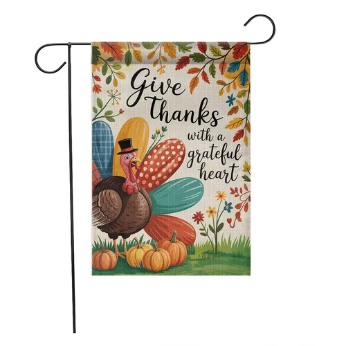 Regala grazie con una bandiera da giardino con cuore grato – Simpatica Turchia autunnale del Ringraziamento De JJE