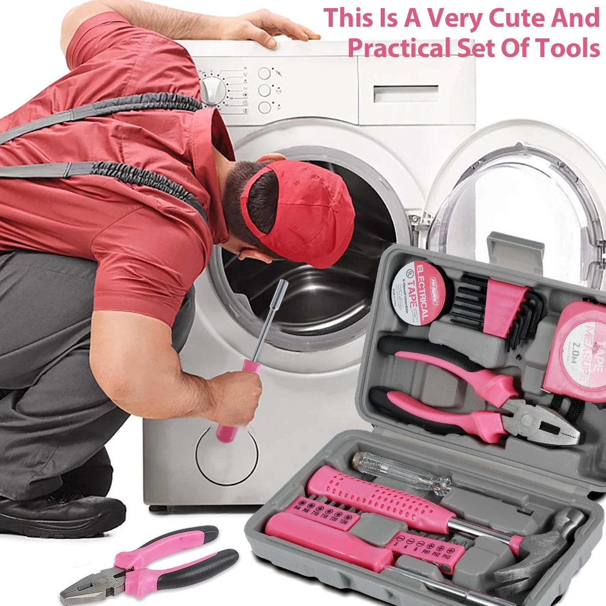 13/24Pcs Household Repair Tool Kit Multi-Purpose Pink Hand Tool Set with Storage Case Durable Hammer and Allen Key Set