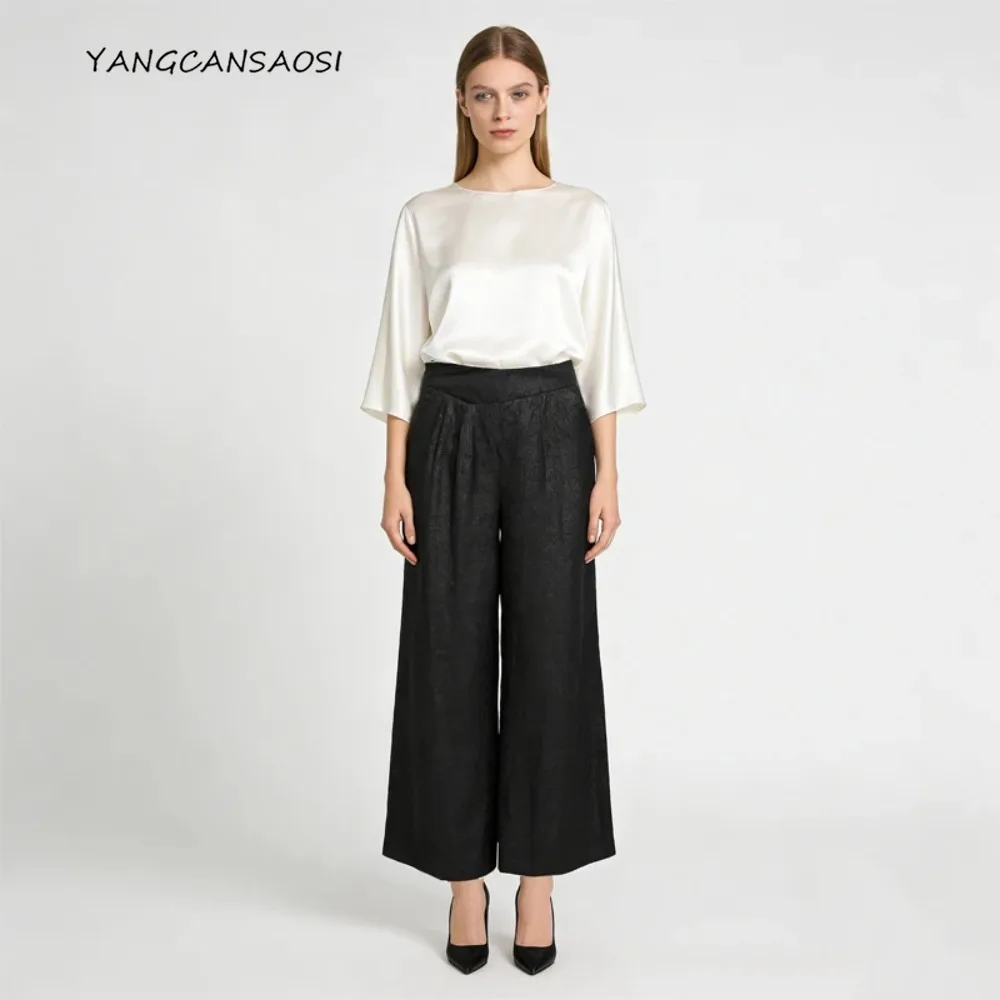 Pantalon en soie de mûrier 100% naturelle, fil nuage parfumé pour femmes, taille plate, fermeture éclair latérale, pantalon noir à jambes larges, nouvelle collection printemps 2026