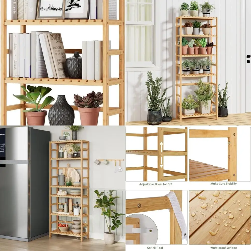 

6-Tier Bamboo Bookcase with Adjustable Shelves for Home, Office, and Kitchen Storage in Natural Finish