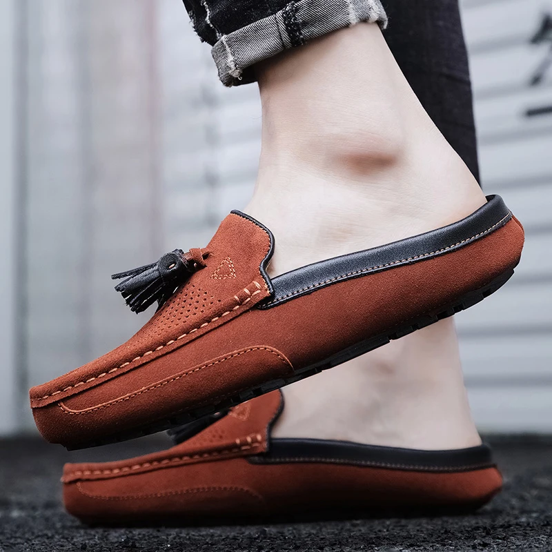 Hol Mannen Half Drag Schoenen Mode Kwastje Mannelijke Loafers Ademende Zomer Volwassen Casual Mocassin Schoenen Big Size