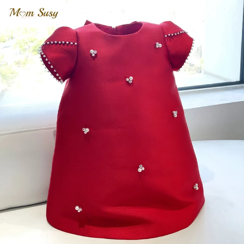 Baby Girl Princess Pearl Beading Silk Dress Infant Toddler Vintage Big Bow Vestido Party Birthday Pageant Baby Clothes 1-7Y