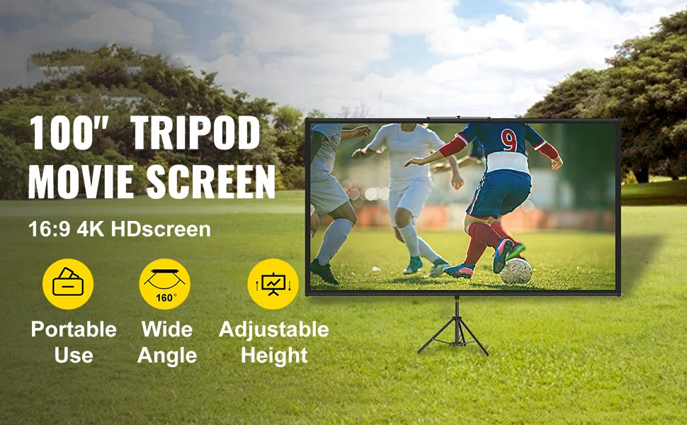 SucceBuy 100 Inch Tripod Projector Screen with Stand 16:9 4K HD Portable Projection Home Cinema for Indoor & Outdoor Projection