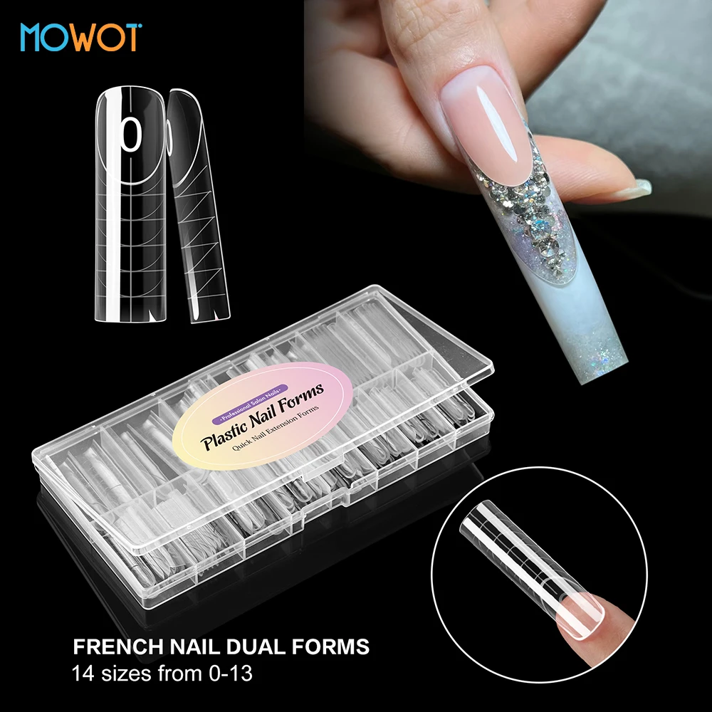 MOWOT 140pcs Square French Dual Nail Forms 14 Sizes Full Cover Reusable Nail Tips Poly Nail Gel Extension Upper Mold Nail Tools