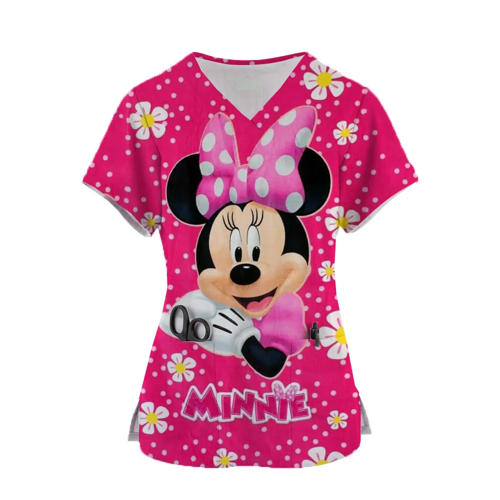 

Nurse Uniform Women Disney Minnie print Short Sleeve Neck Tops Working Uniform Blouse Scrubs Workwear Nursing Working T-shirts