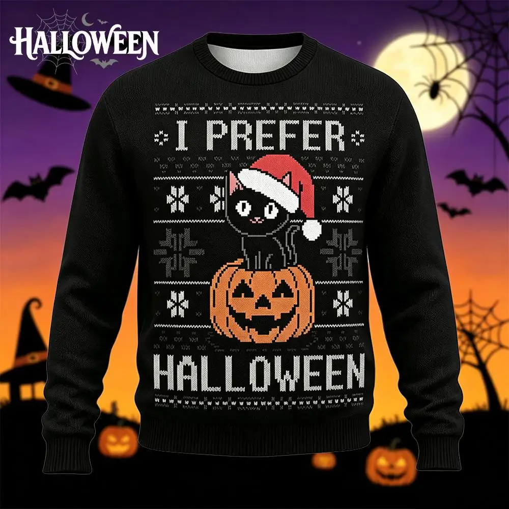Halloween Black Cat Pumpkin Print Ugly Sweater I Prefer Halloween Graphic Pullover Autumn Winter Unisex Funny Party Sweatshirt
