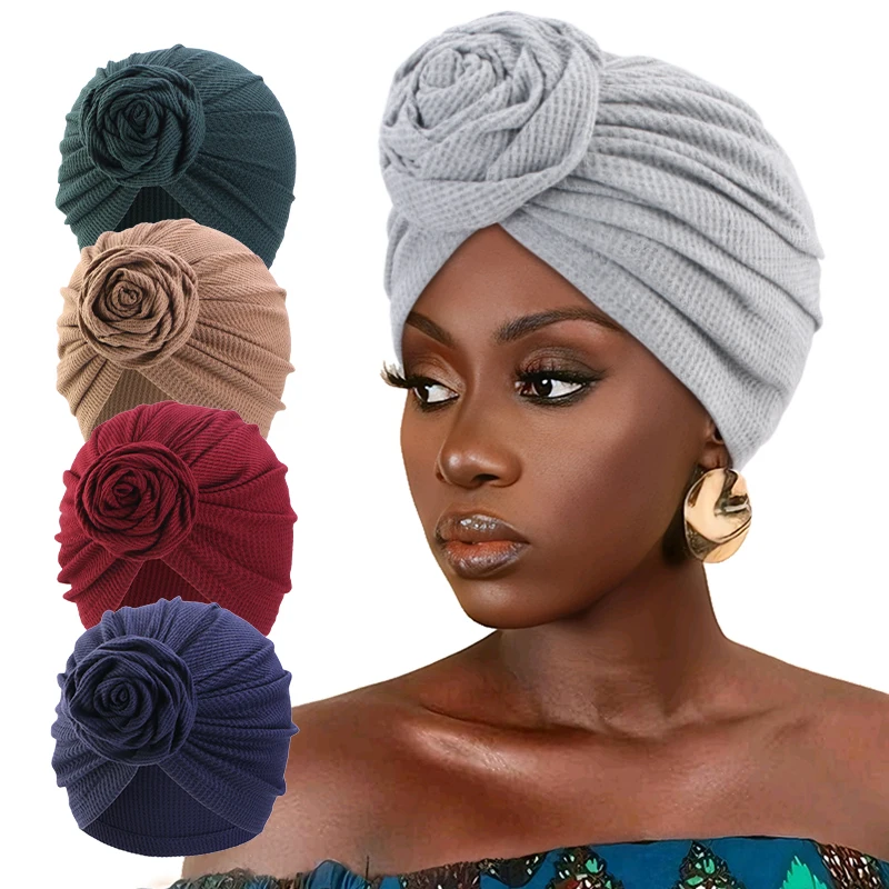 Muslim WomenTurban Hat Waffle cotton rose plate flower headscarf hat wrapped headscarf chemotherapy cap Bandanas