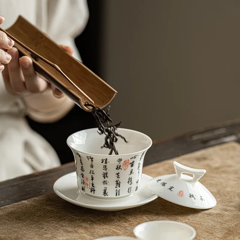 White Porcelain Sancai Cover Bowl Teacup Home Ceramic Tea Bowl Kung Fu Tea Set Creative Tea Divider Tea Bowl