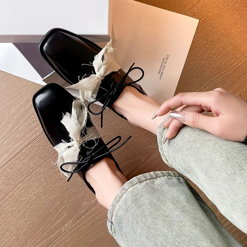 Arden Furtado Spring cowhide Mixed Colors Loafers Square toe Lace up Middle heel large size Single shoe small leather shoes