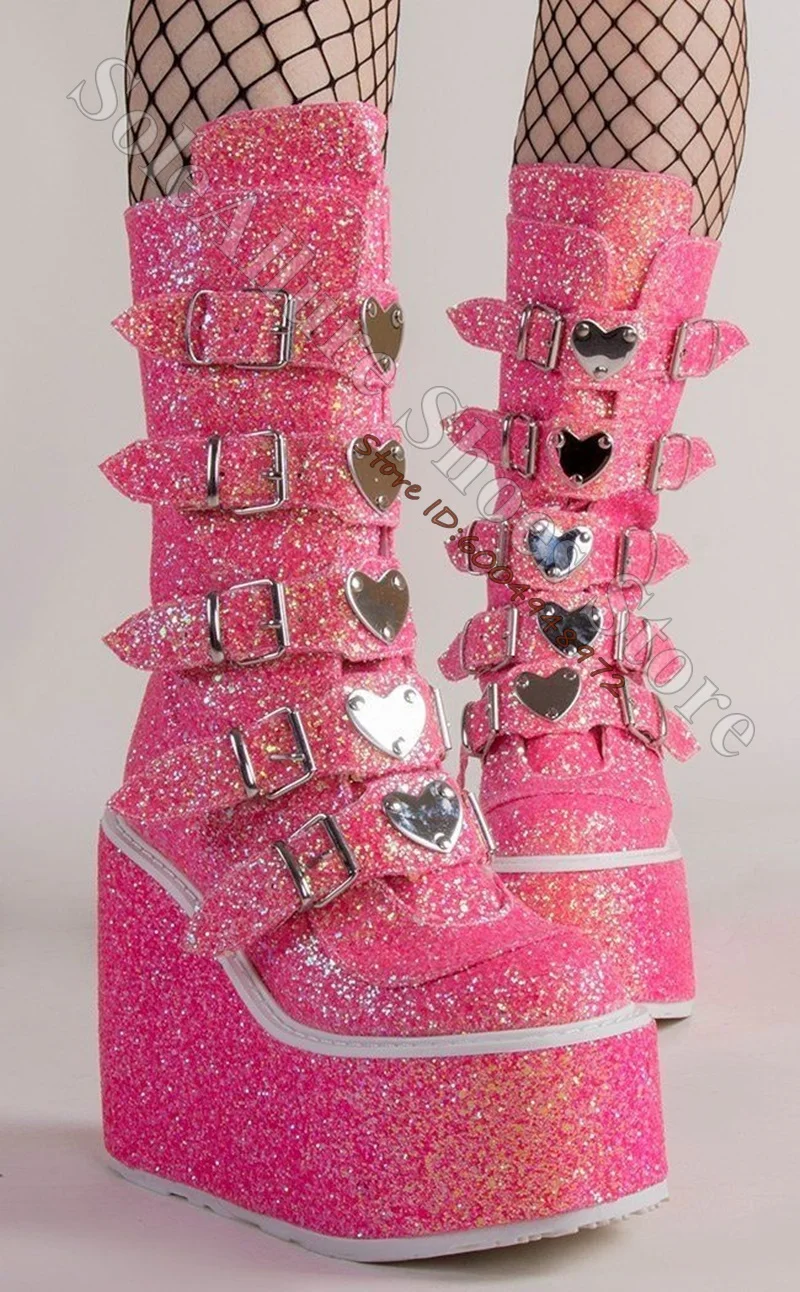 Glitter Multi Heart Buckle Wedge Platform Boots Vertical Adjustable Strap Tall Knee Sweet Goth Booties Punk Boots view 3