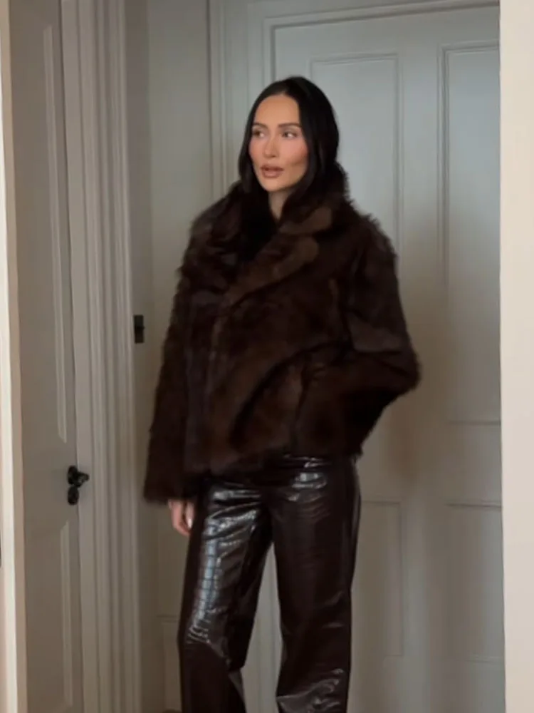 HH Dames Revers Knoppen Zak Lange Mouwen Warm Uitloper Omkeerbaar Nepbont Effect Jas Damesmode Casual Straatjas